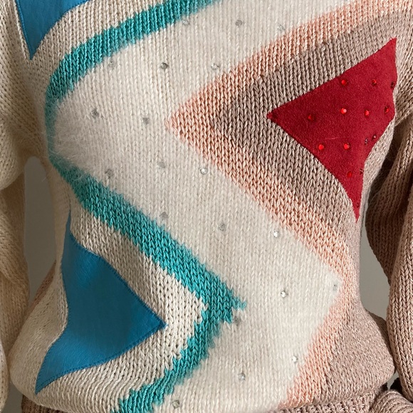 Vintage 80s Nannell Geometric Novelty Hand Knit Sweater Sz S - Picture 3 of 13